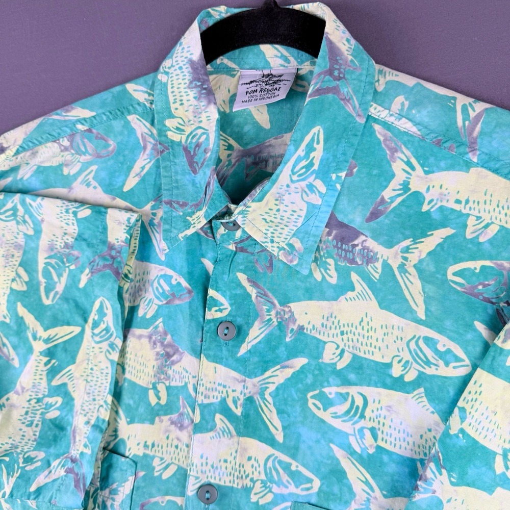 Rum Reggae Men's L Blue White Fish Graphic Print Cotton Button-Up Shirt Pockets